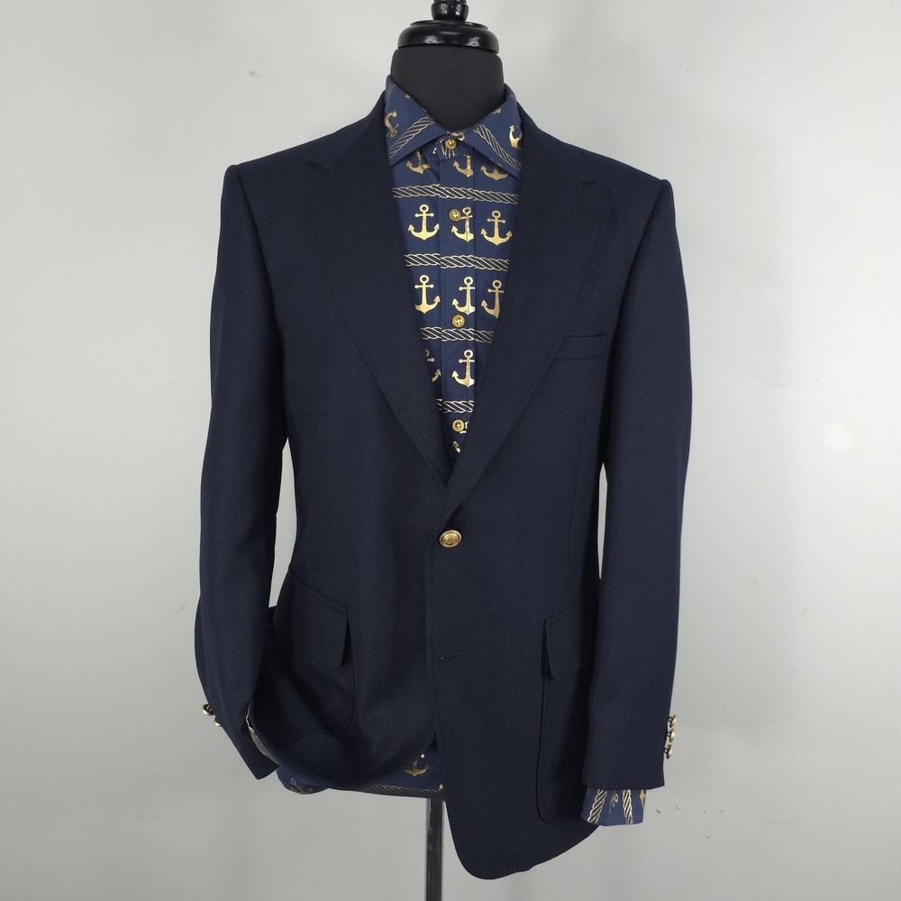 Vintage Johnny Carson Blazer Mens 40 Blue Wool Gold Button Sport Coat Jacket